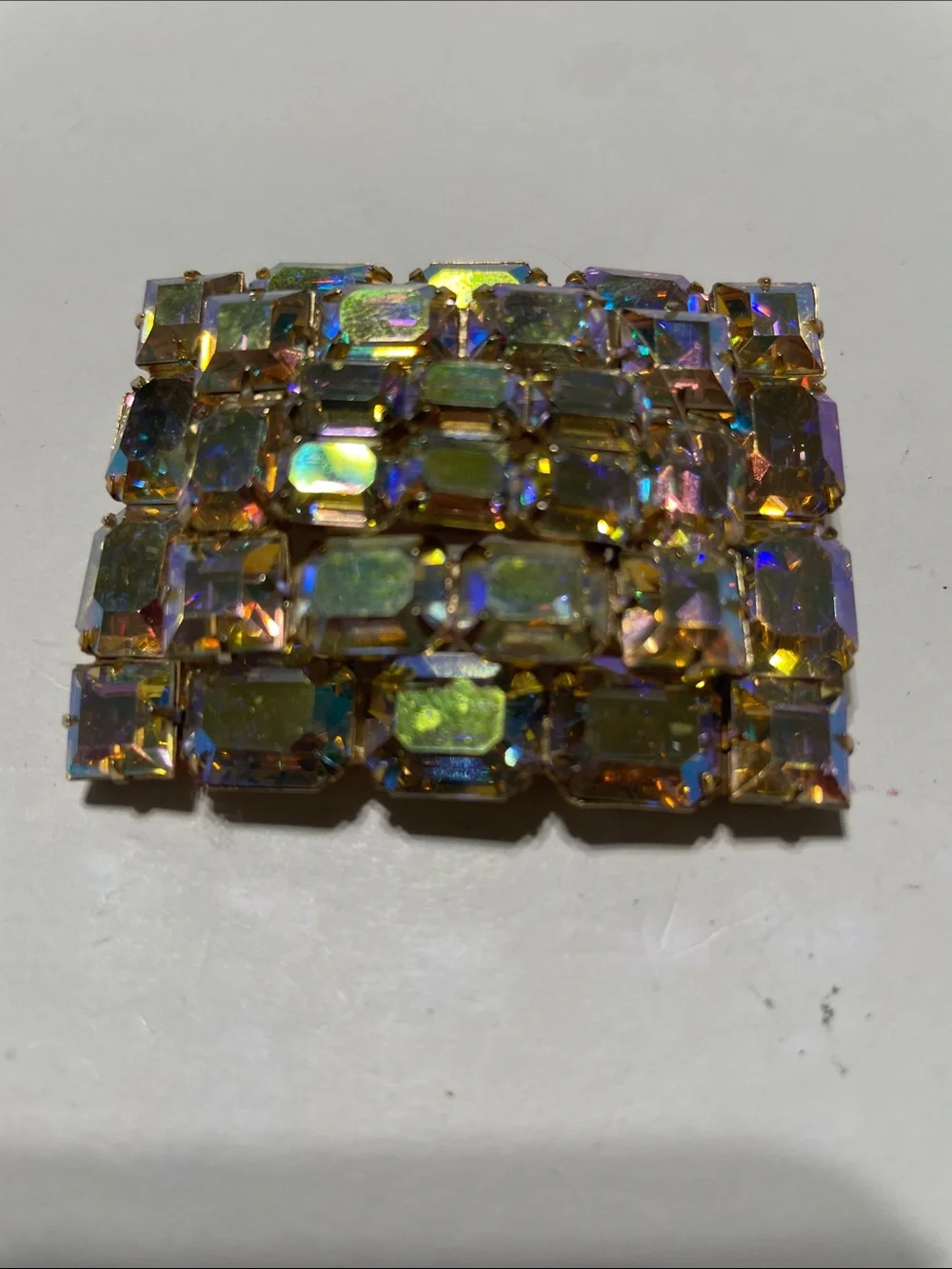 Vintage Gold Tone Aurora Borealis Rectangle Cluster Brooch eBay $20.  8/11/6Bag